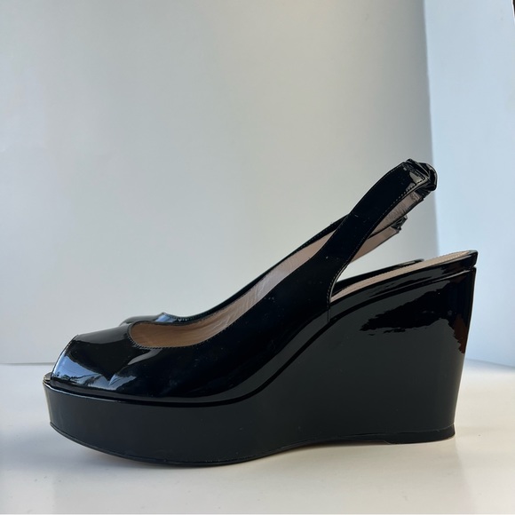 Stuart Weitzman Peep Toe Patent Leather Platform Slingback Wedges - Picture 5 of 12